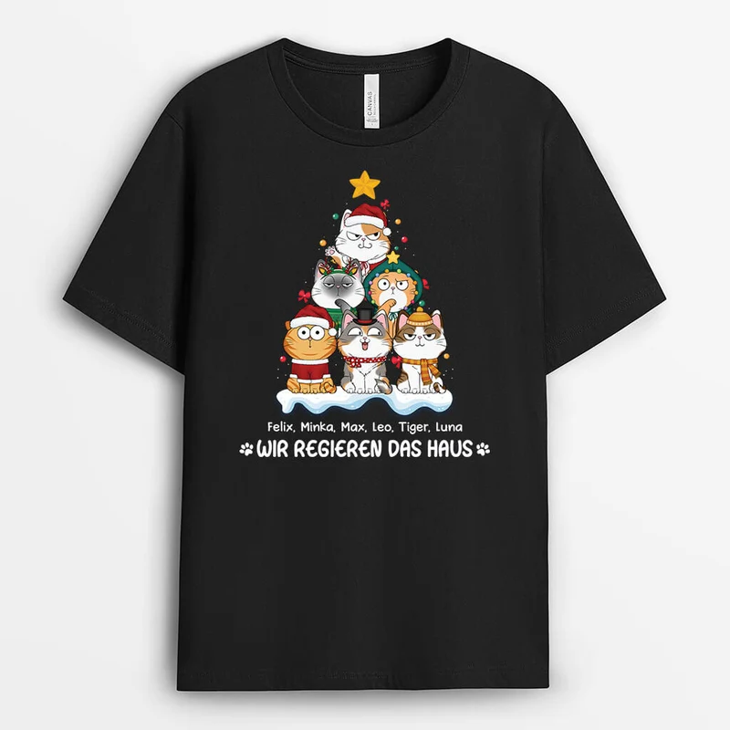 Wir Regieren Das Haus - Personalisiertes Geschenk | T-Shirt mit verspielten Katzen-Weihnachtsbaum