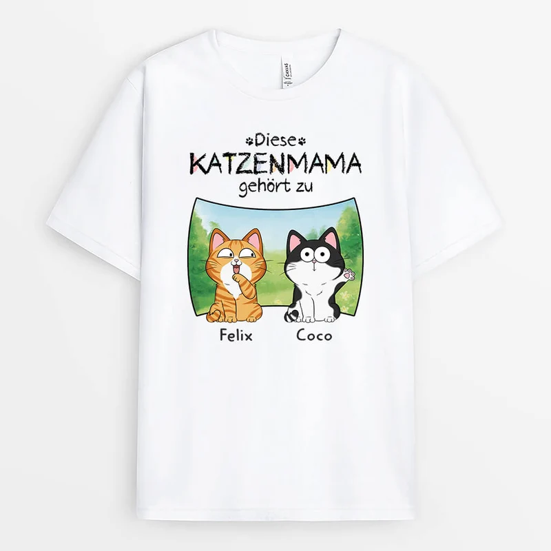 Diese Katzenmama Gehört Zu - Personalisiertes Geschenk | T-Shirt für Katzenliebhaber im Stil von Crayon mit Hintergrund aus Gras und Bäumen