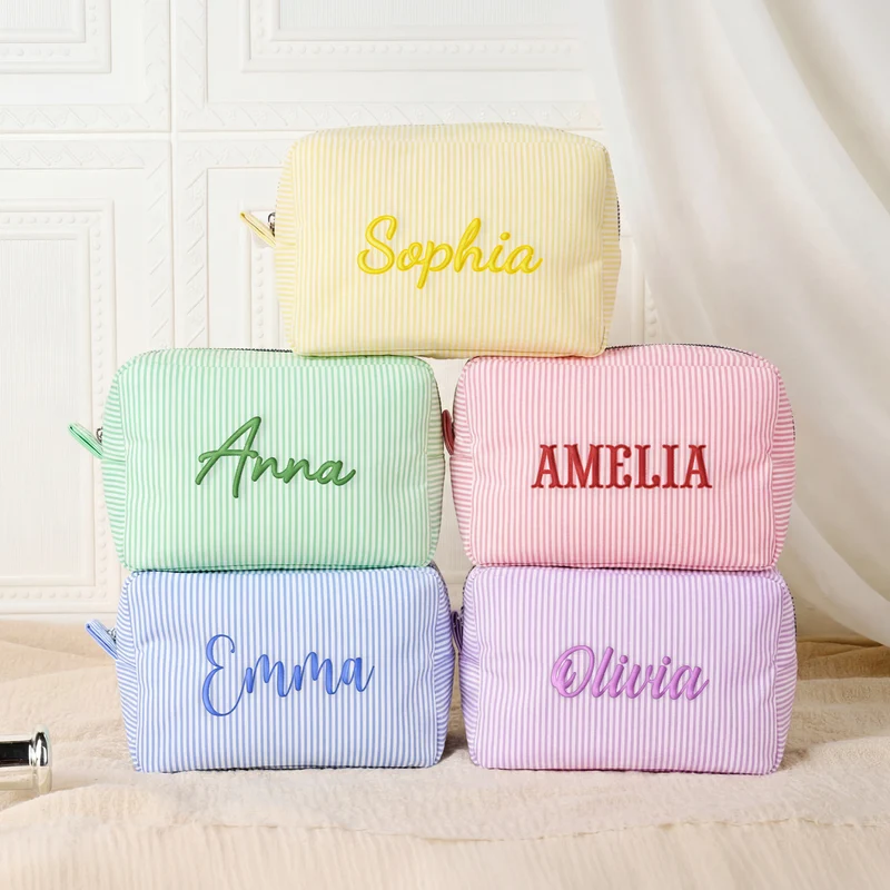Damen Kosmetiktasche Name - Personalisierte Geschenke Für Frauen | Kosmetiktasche Gestreift Mit Stickerei