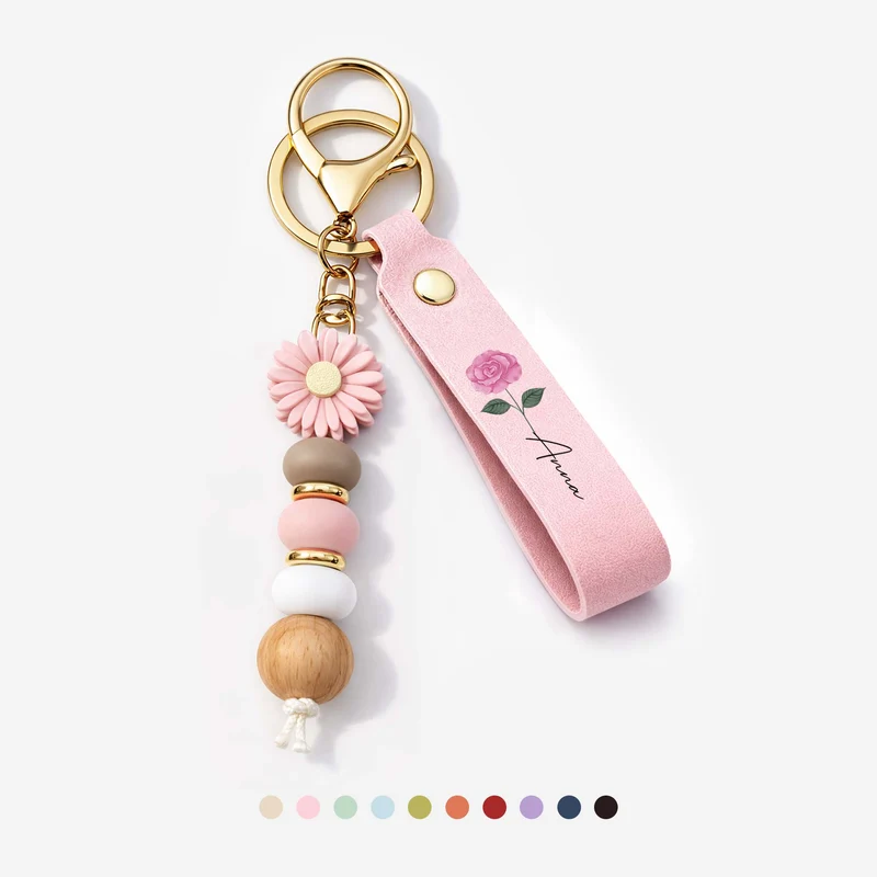 Name & Blume - Personalisiertes Geschenk | UV Druck Daisy Schlüsselanhänger Perlen Männer & Frauen