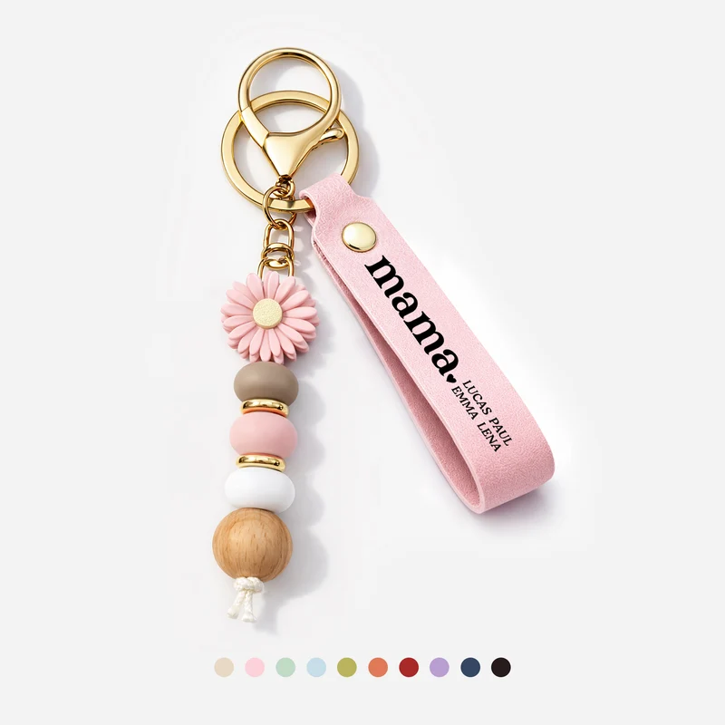 Name - Personalisiertes Geschenk | UV Druck Daisy Schlüsselanhänger Perlen Mama/Oma