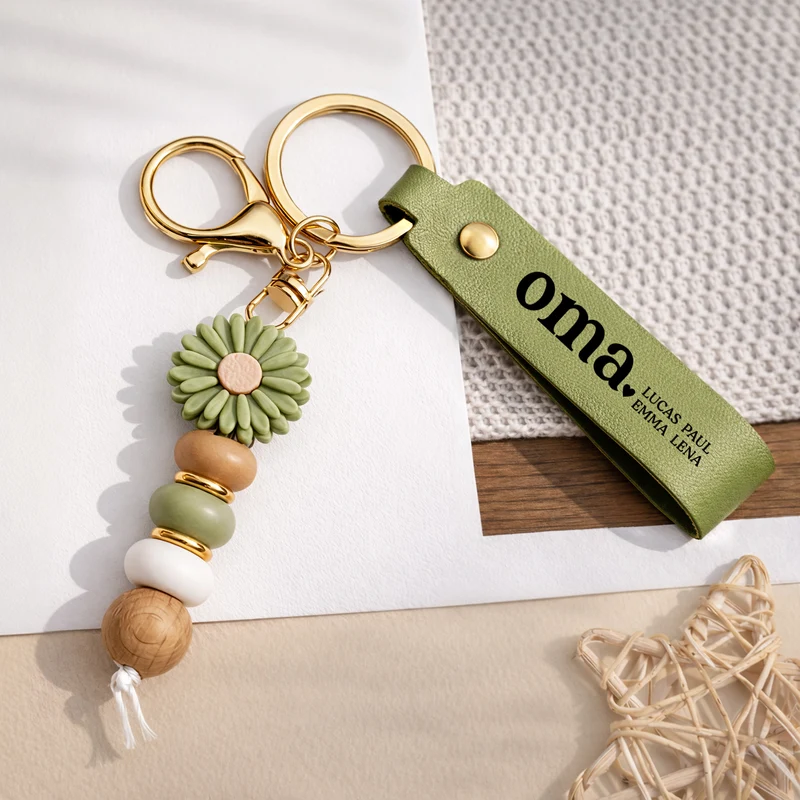 Name - Personalisiertes Geschenk | UV Druck Daisy Schlüsselanhänger Perlen Mama/Oma