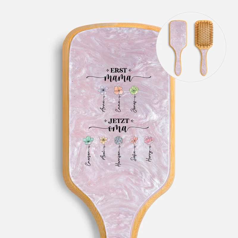 Erst Mama Jetzt Oma - Personalisiertes Geschenk | UV Druck Acetat & Holz Haarbürste Blumen