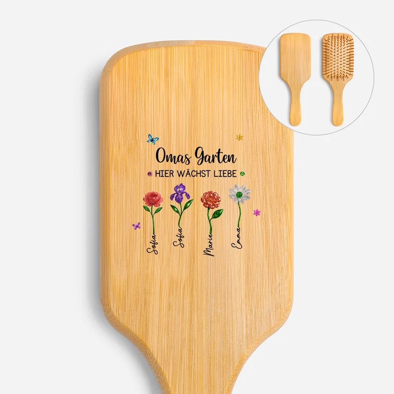 Omas Garten Hier Wächst Die Liebe - Personalisiertes Geschenk | UV Druck Bambus Haarbürste Oma/Mama Blumen