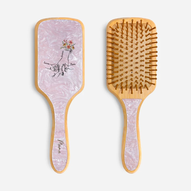 Hand In Hand Blumen - Personalisiertes Geschenk | UV Druck Acetat & Holz Haarbürste Mama/Oma