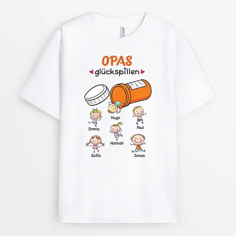 Opas Glückspillen - Personalisiertes Geschenk | T-Shirt für Opas mit Kinder-Cartoon