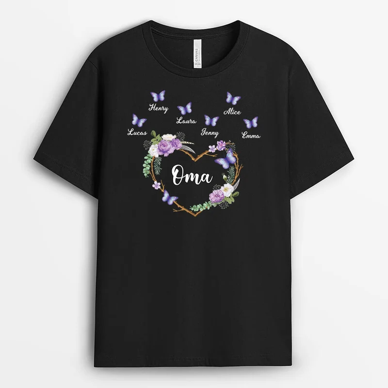 Oma Und Kinder Tagfalter Blumen Herz - Personalisiertes Geschenk | T-Shirt für Omas