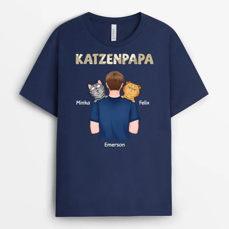 Katzenpapa Der Den Rücken Zudreht Und Eine Katze Hält - Personalisiertes Geschenk | T-Shirt für Katzenhalter