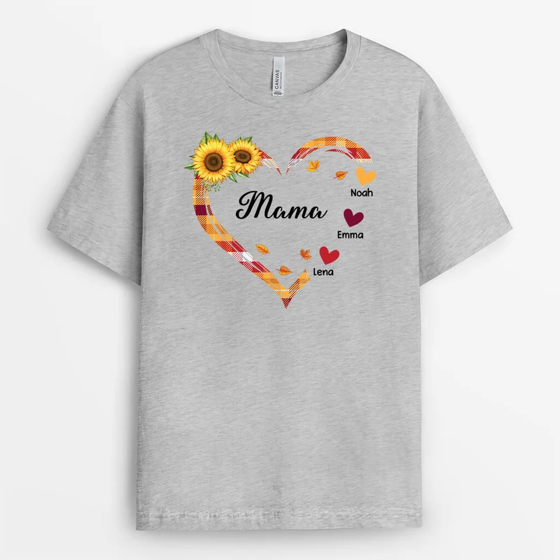 Das Herz Die Sonnenblumen Und Mama- Personalisiertes Geschenk | Herbst-Shirt für Frauen