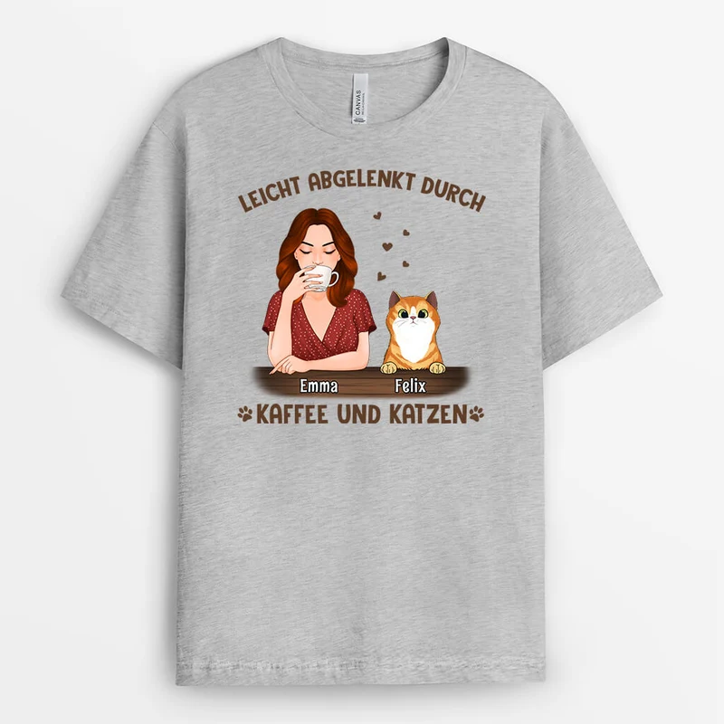 Leicht Abgelenkt Durch Kaffee Und Katzen - Personalisiertes Geschenk | T-shirts für Katzenliebhaber