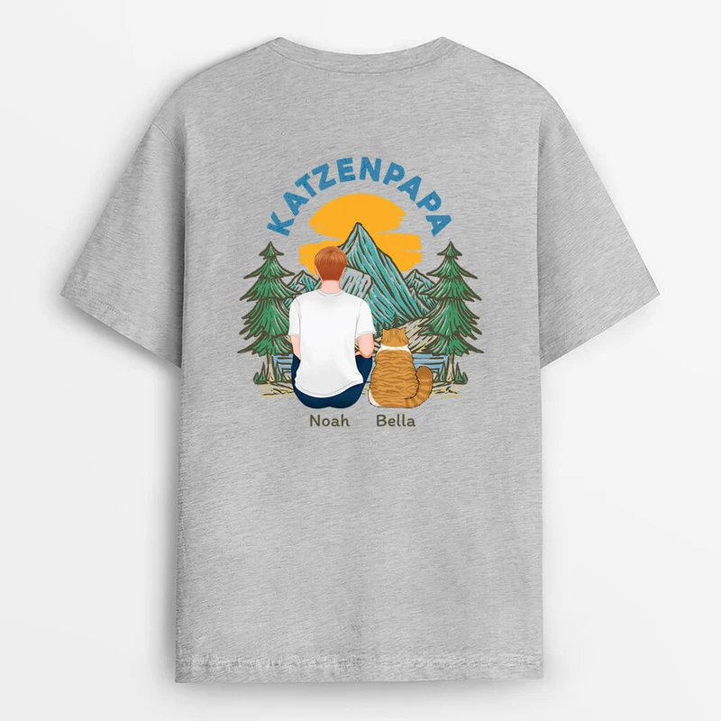 Katzenpapa Katzenmama im Wald - Personalisiertes Geschenk | Rückenseiten T-shirt für Katzenliebhaber