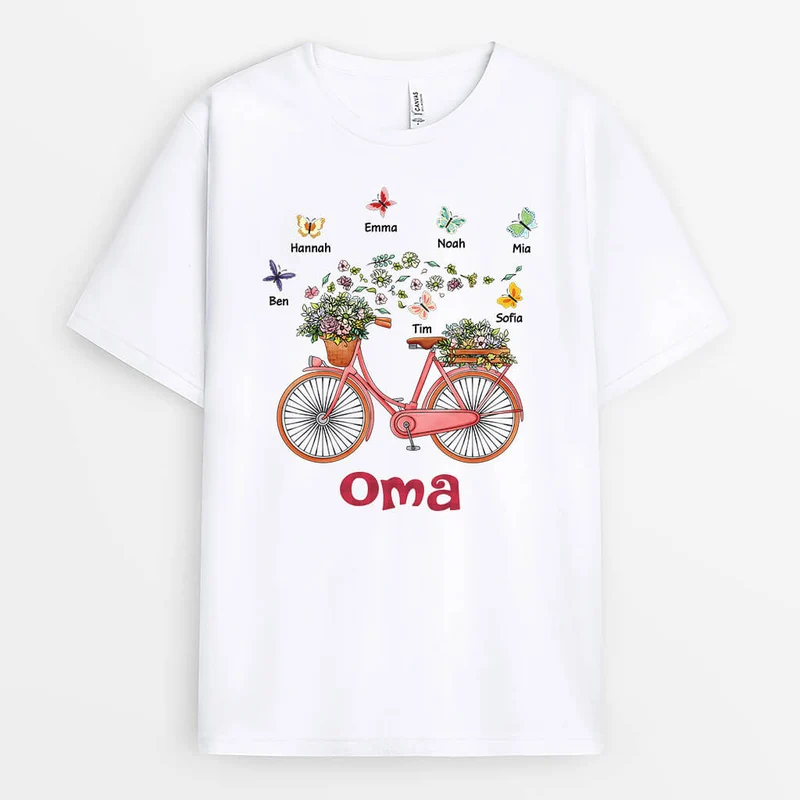 Mama/Oma Blumen, Schmetterlinge & Fahrrad - Personalisiertes Geschenk | T-shirt für Frauen