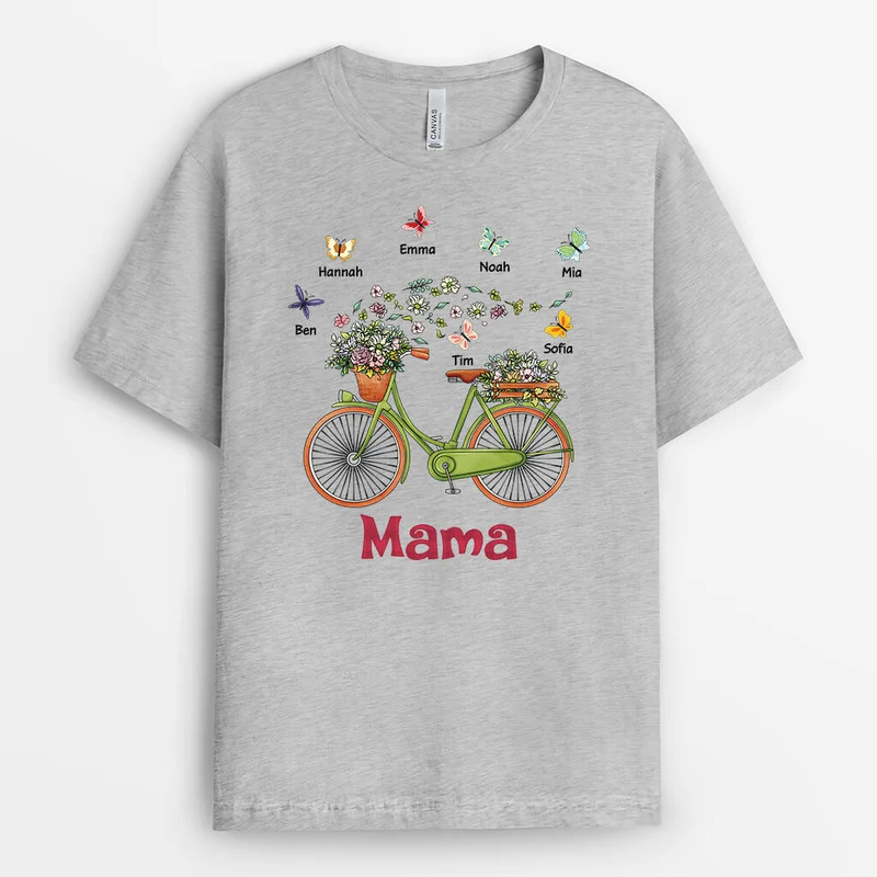 Mama/Oma Blumen, Schmetterlinge & Fahrrad - Personalisiertes Geschenk | T-shirt für Frauen