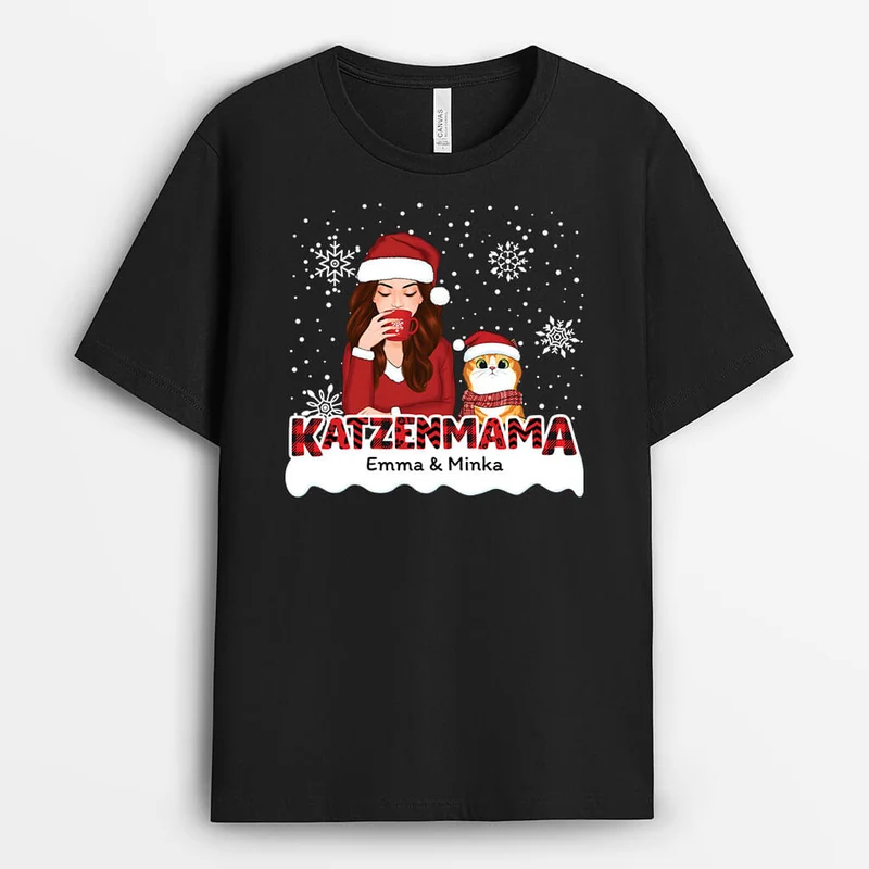 Katzenmama Mit Rotem Muster Zu Weihnachten - Personalisiertes Geschenk | T-shirt für Katzenliebhaber