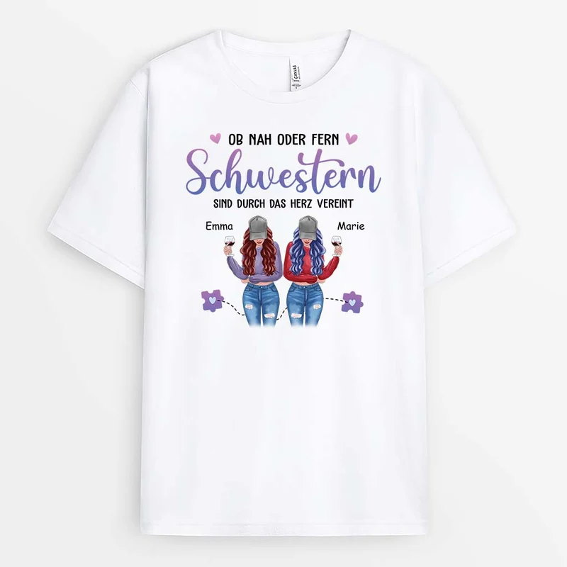 Ob Nah Oder Fern Schwestern Sind Durch Das Herz Vereint - Personalisiertes Geschenk | T-Shirt für Schwestern