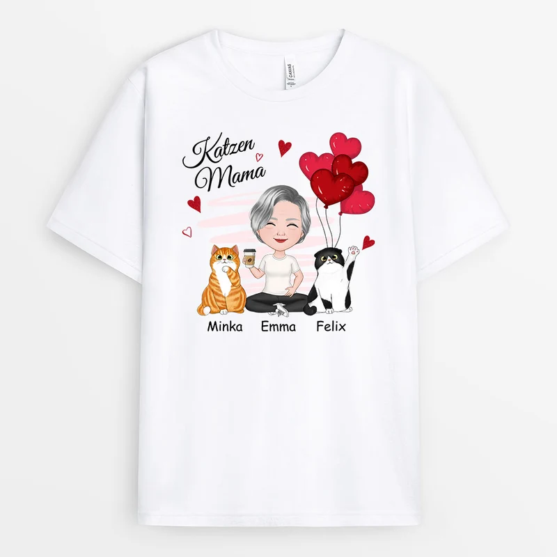 Rote Herzen Katzenmama - Personalisierte Geschenke | T-Shirt für Katzenbesitzer